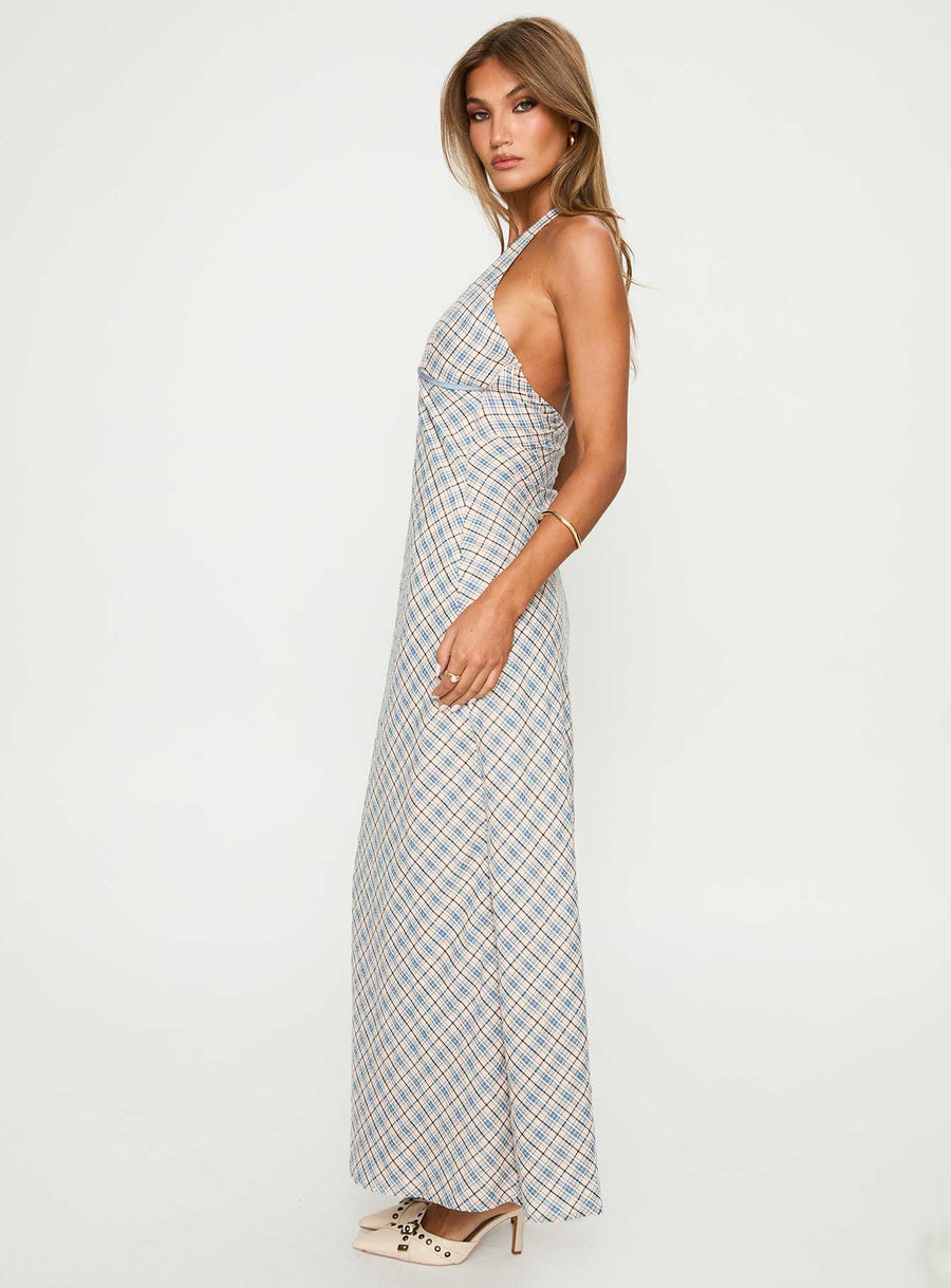 Evienna Halter Maxi Dress Blue Check · photo 3