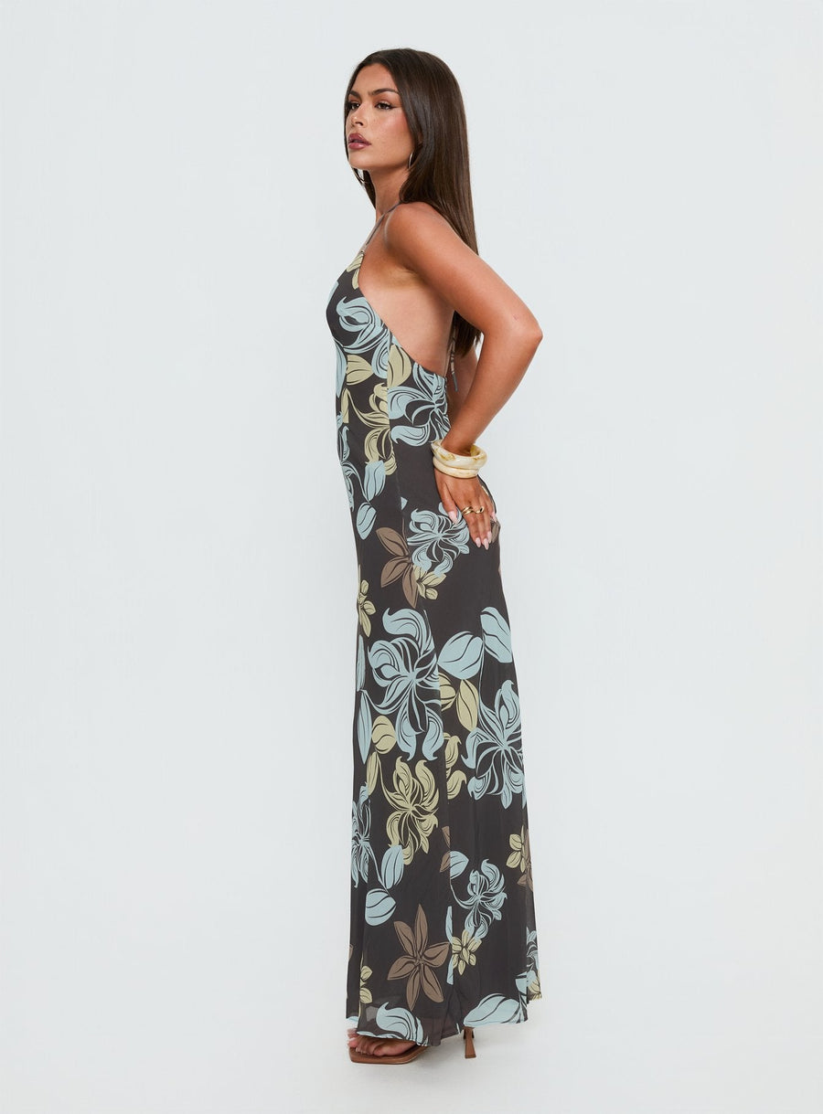 Esmira Halter Maxi Dress Chocolate / Blue Floral · photo 3
