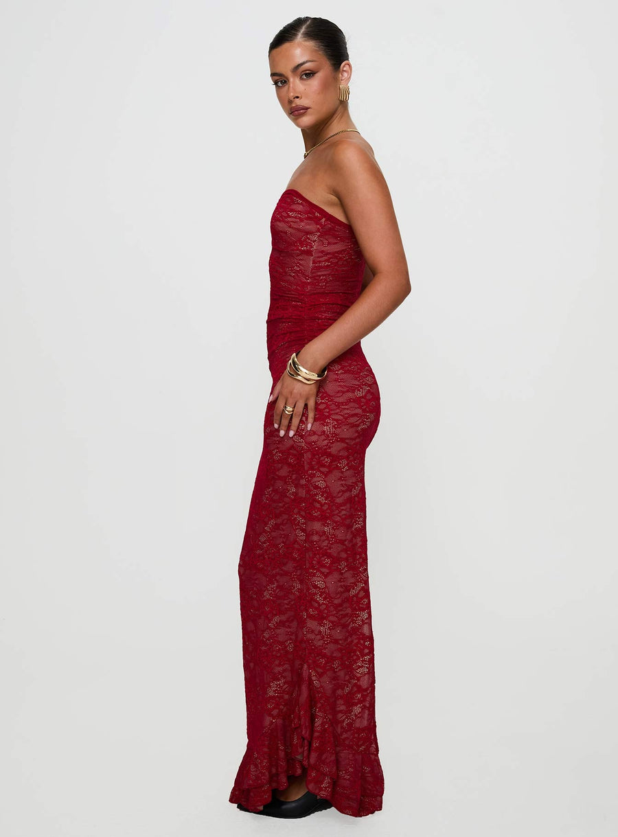 Hailees Lace Strapless Maxi Dress Red · photo 4