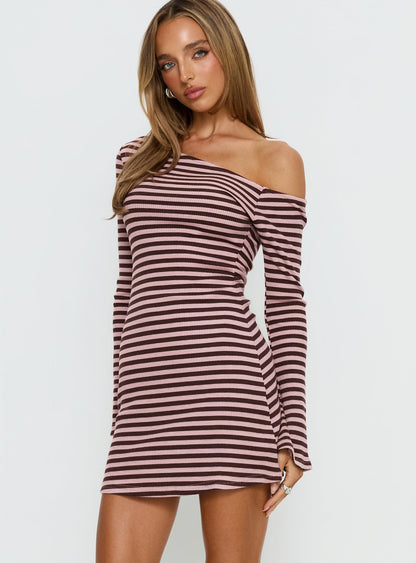 Adrietta Long Sleeve Off Shoulder Mini Dress Chocolate / Pink Stripe