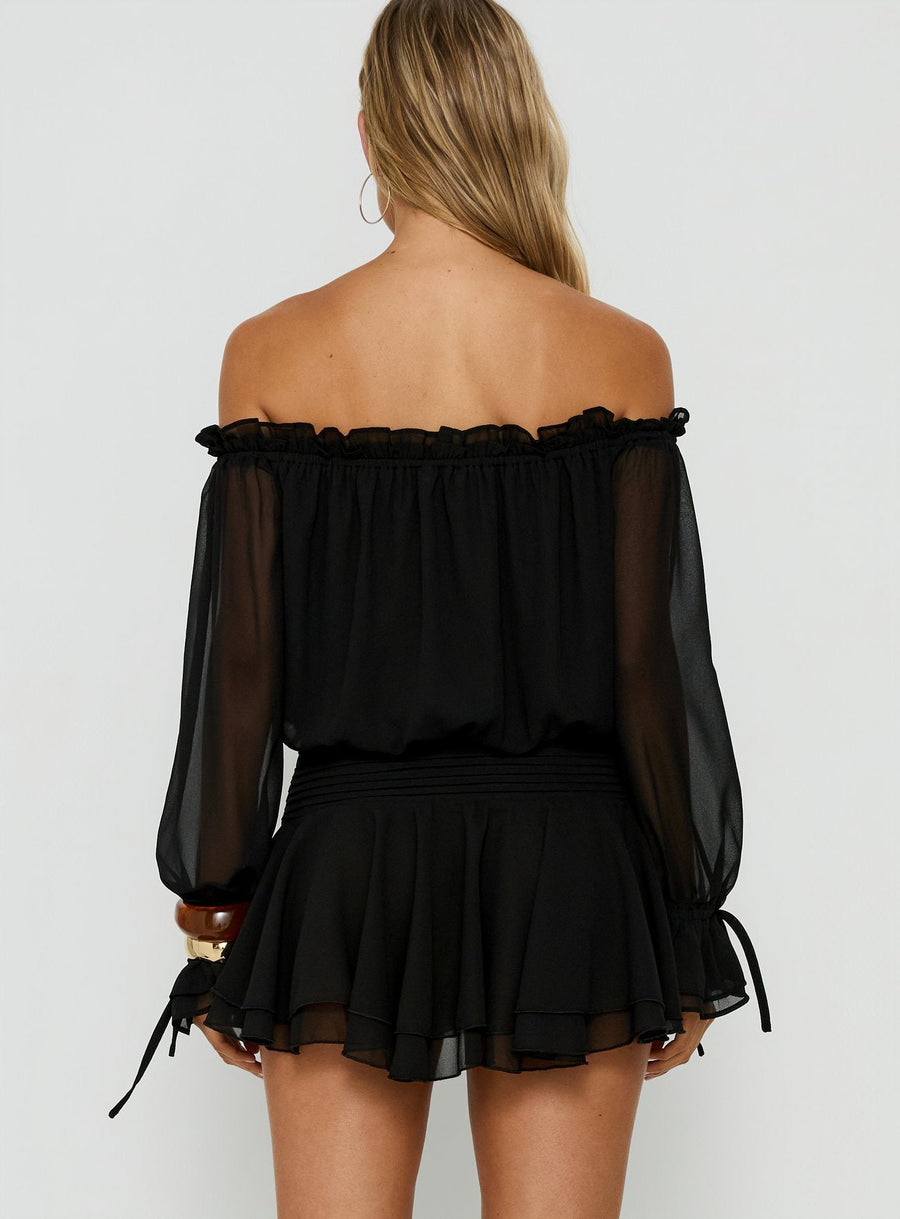 Felicita Off Shoulder Long Sleeve Chiffon Mini Dress Black · photo 4
