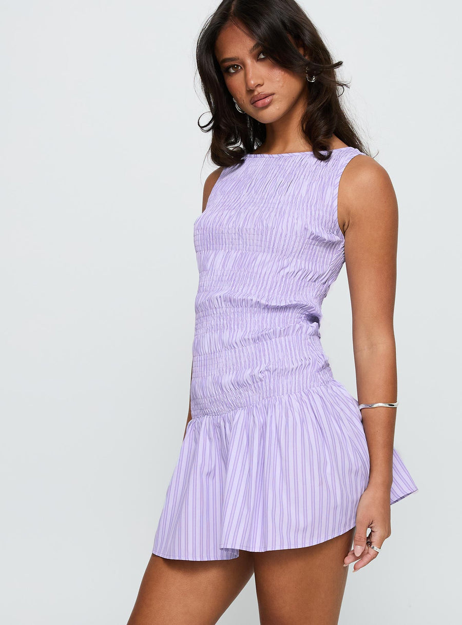 Home Grown Shirred Mini Dress Lilac Stripe · photo 3