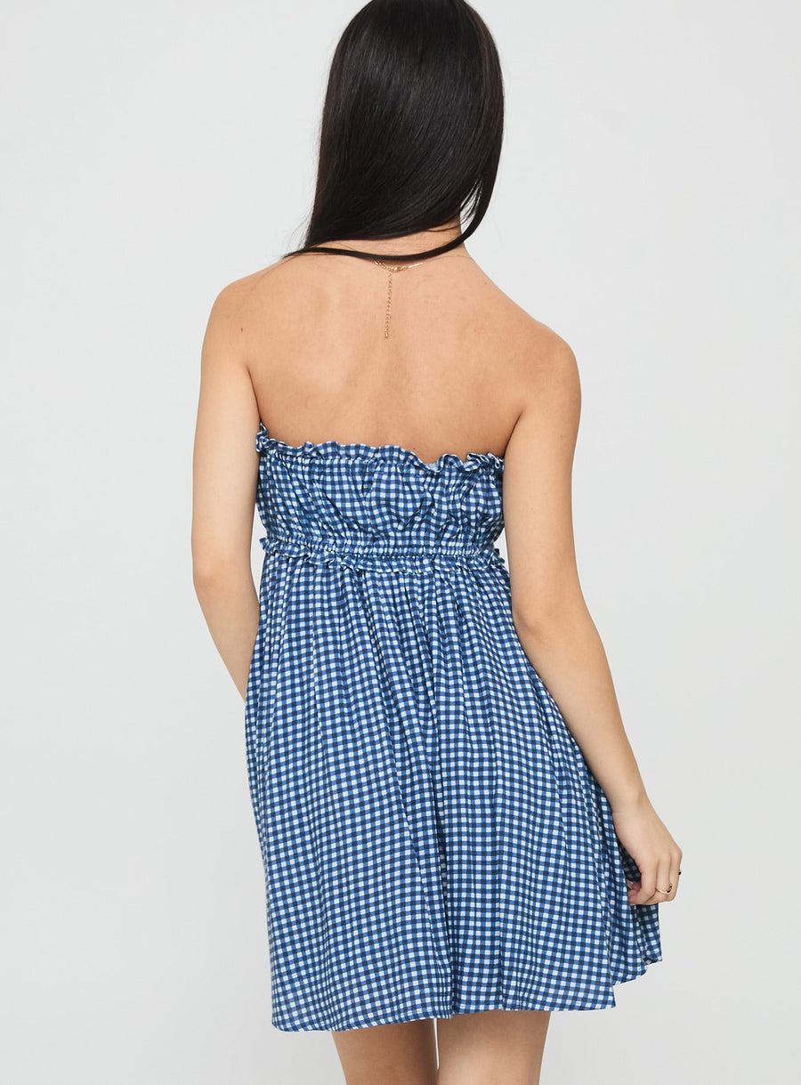 Held My Breath Strapless Babydoll Mini Dress Blue Gingham · photo 4