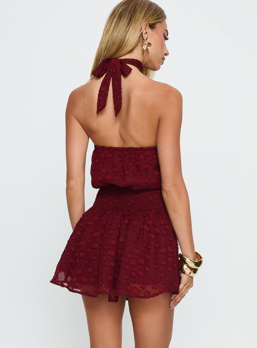 Eurythmic Scarf Halter Mini Dress Burgundy Jacquard · photo 4