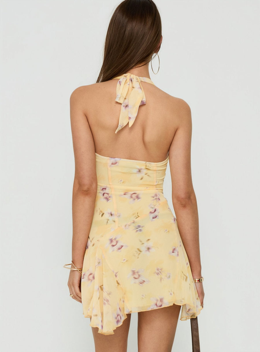 Isidorah Halter Pleat Mini Dress Blurred Yellow Floral · photo 5
