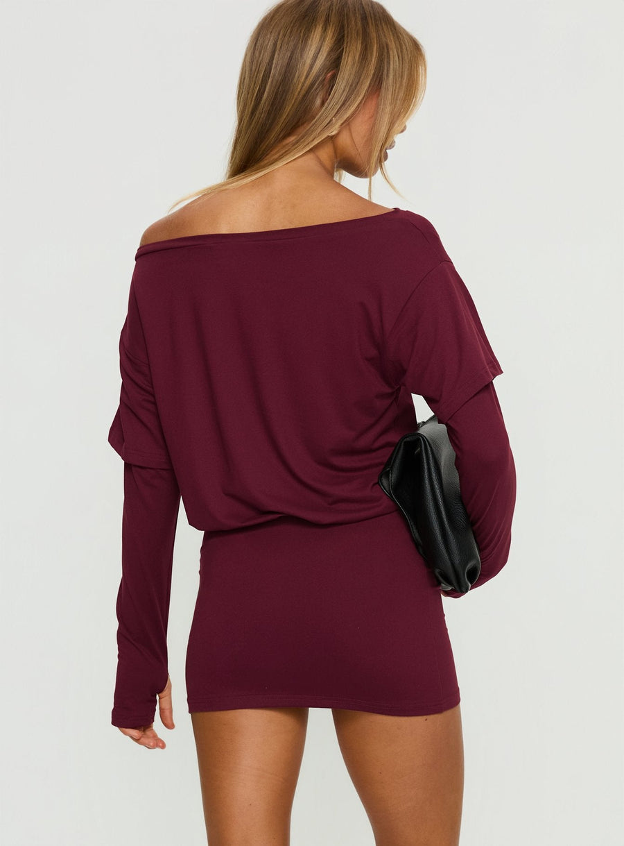 Jesselyn Long Sleeve Off Shoulder Mini Dress Burgundy · photo 5