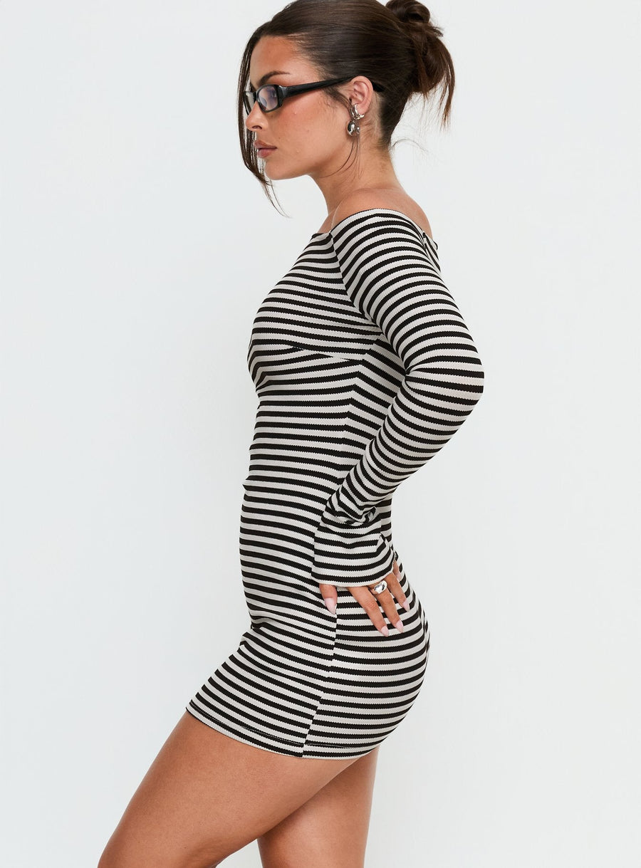 Journi Off Shoulder Long Sleeve Mini Dress Black / White Stripe · photo 4