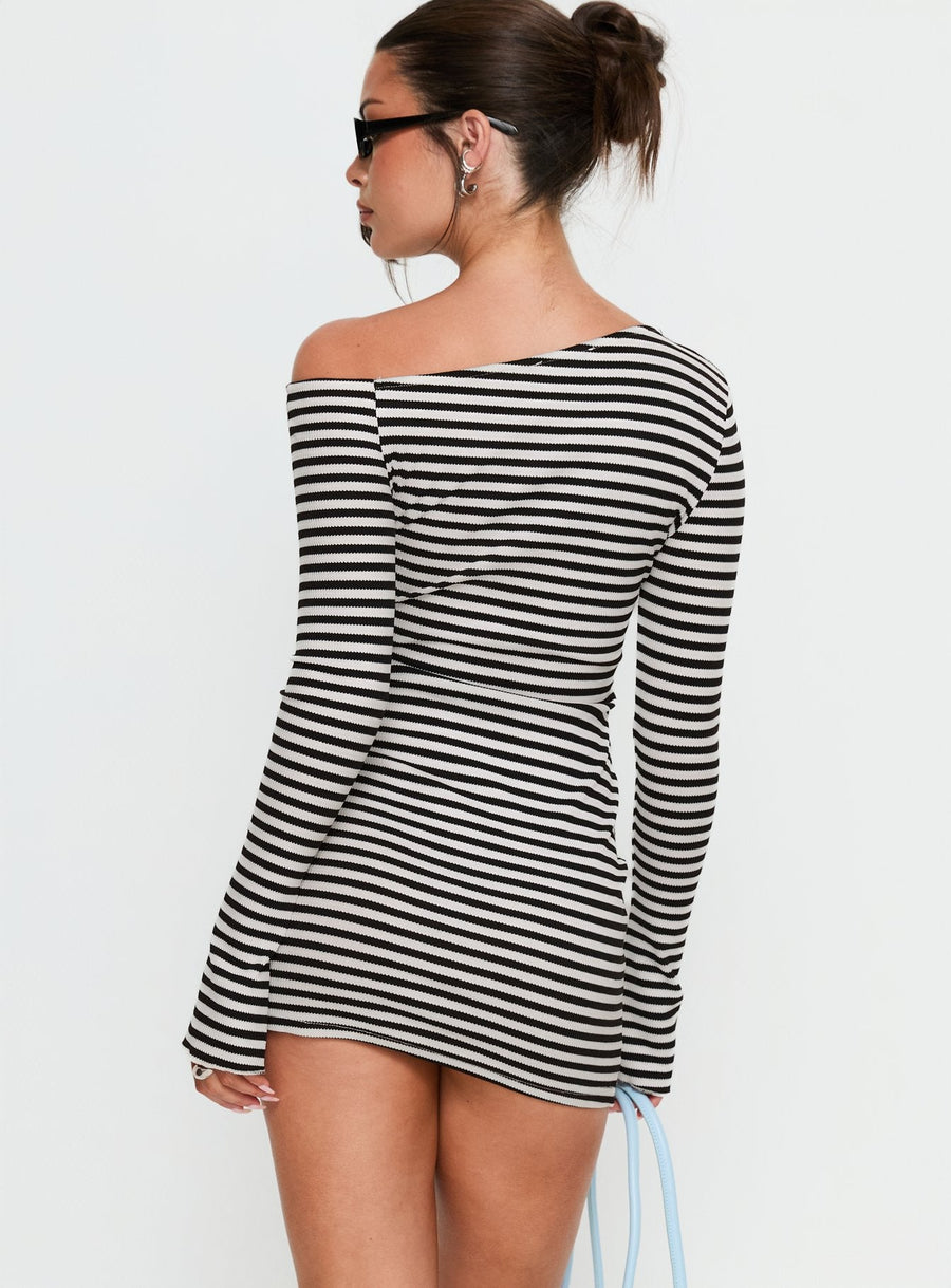 Journi Off Shoulder Long Sleeve Mini Dress Black / White Stripe · photo 5
