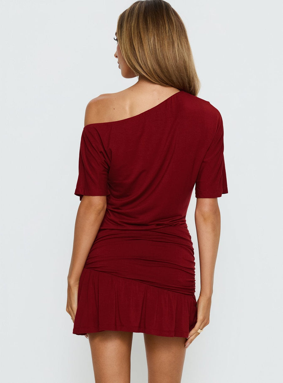 Haylo Off Shoulder Drape Mini Dress Burgundy · photo 5