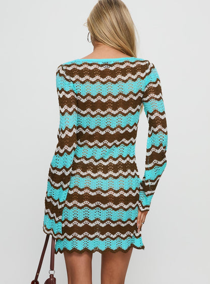 Suka Long Sleeve Knit Mini Dress Brown / Blue