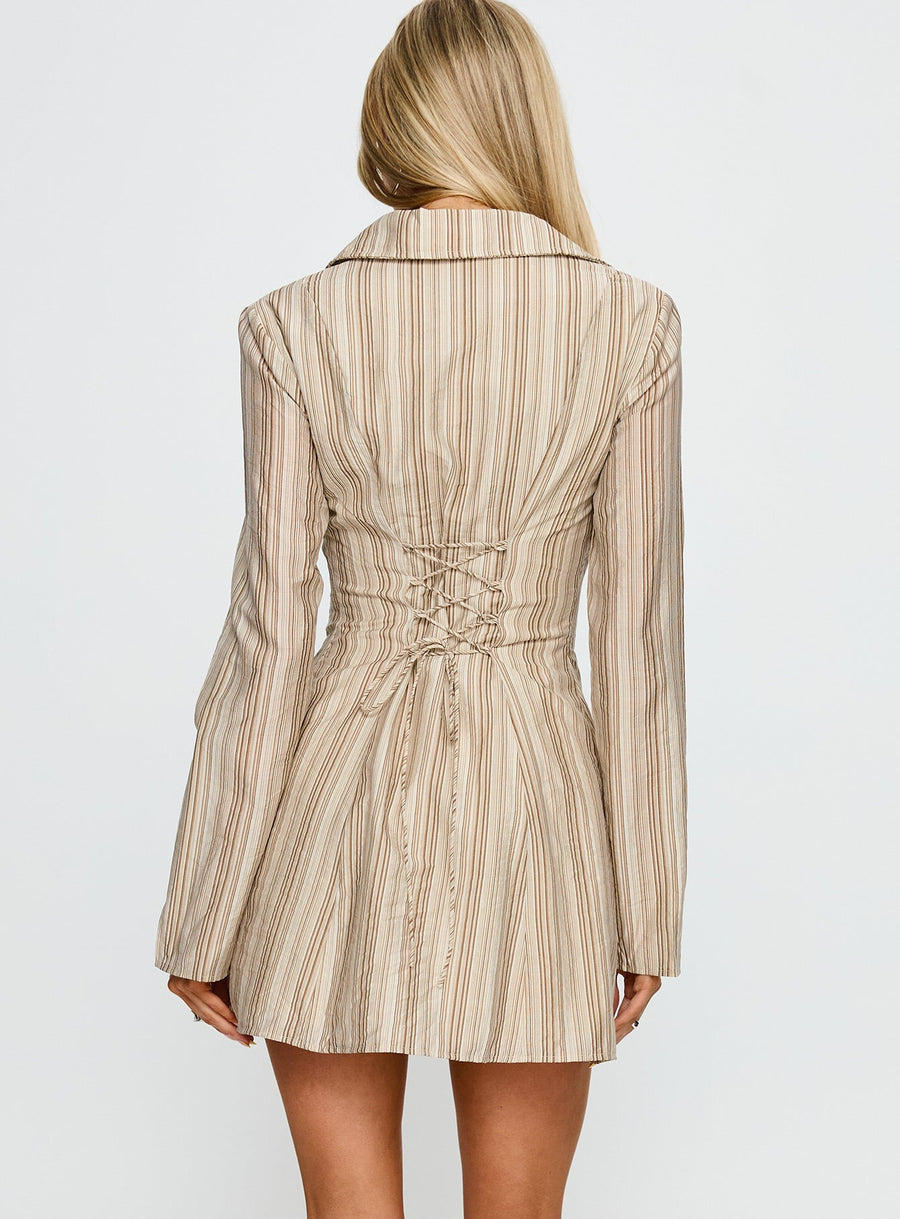 In Your Arms Long Sleeve Tie Back Mini Dress Brown Stripe · photo 5