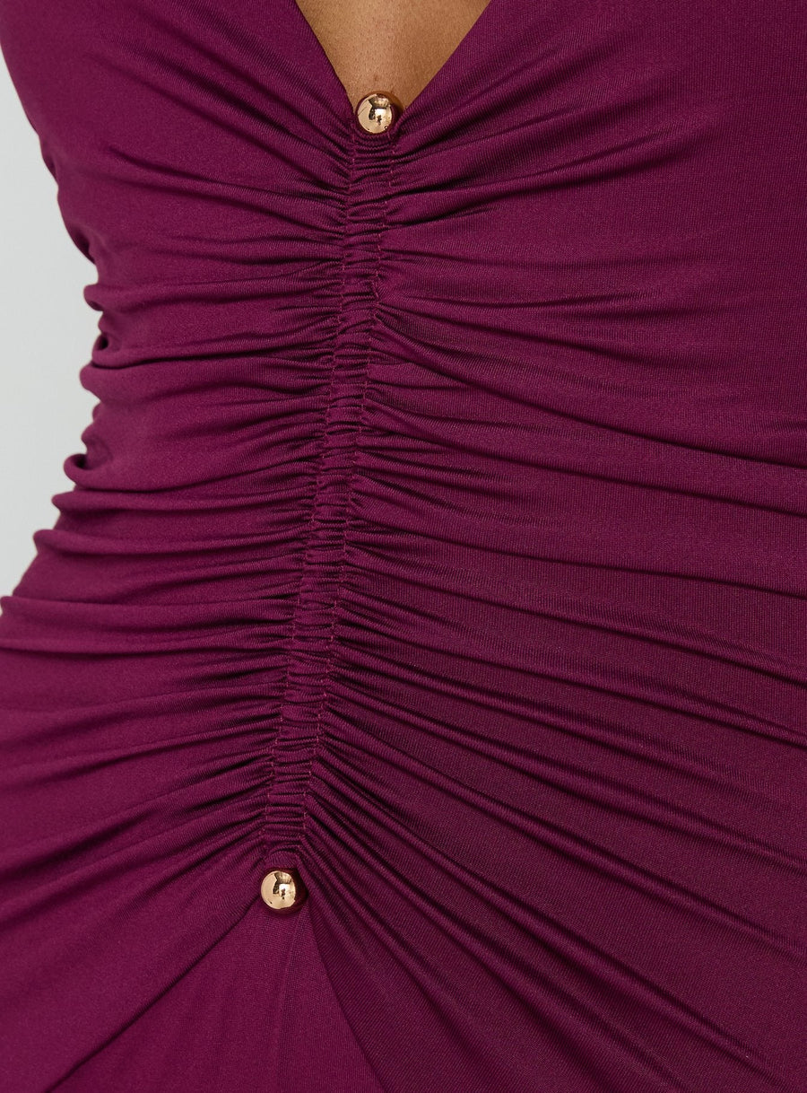 Erene Ruched Halter Maxi Dress Berry · photo 5