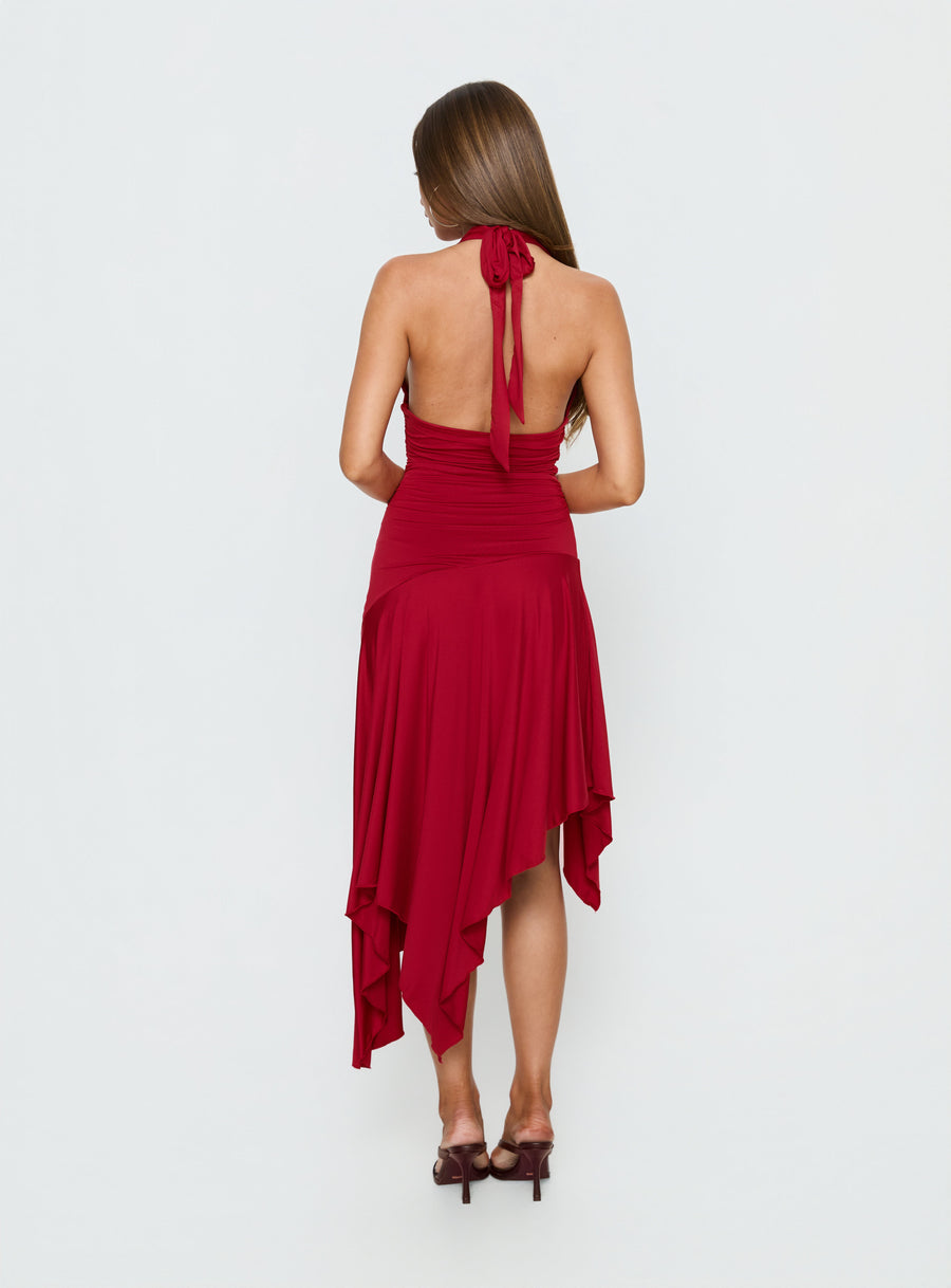 Emara Halter Asymmetrical Midi Dress Red · photo 5