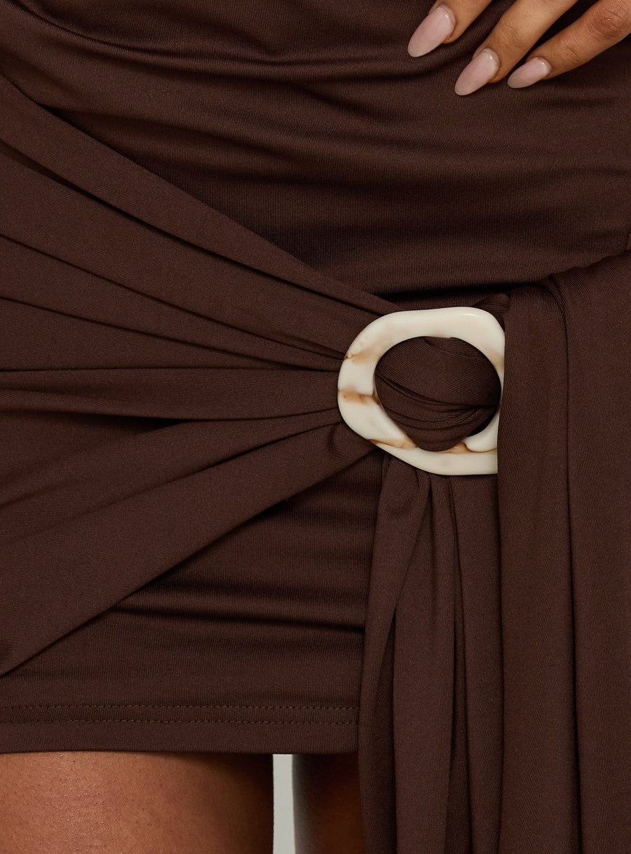 Elvara Ruched Scarf Mini Dress Chocolate · photo 6