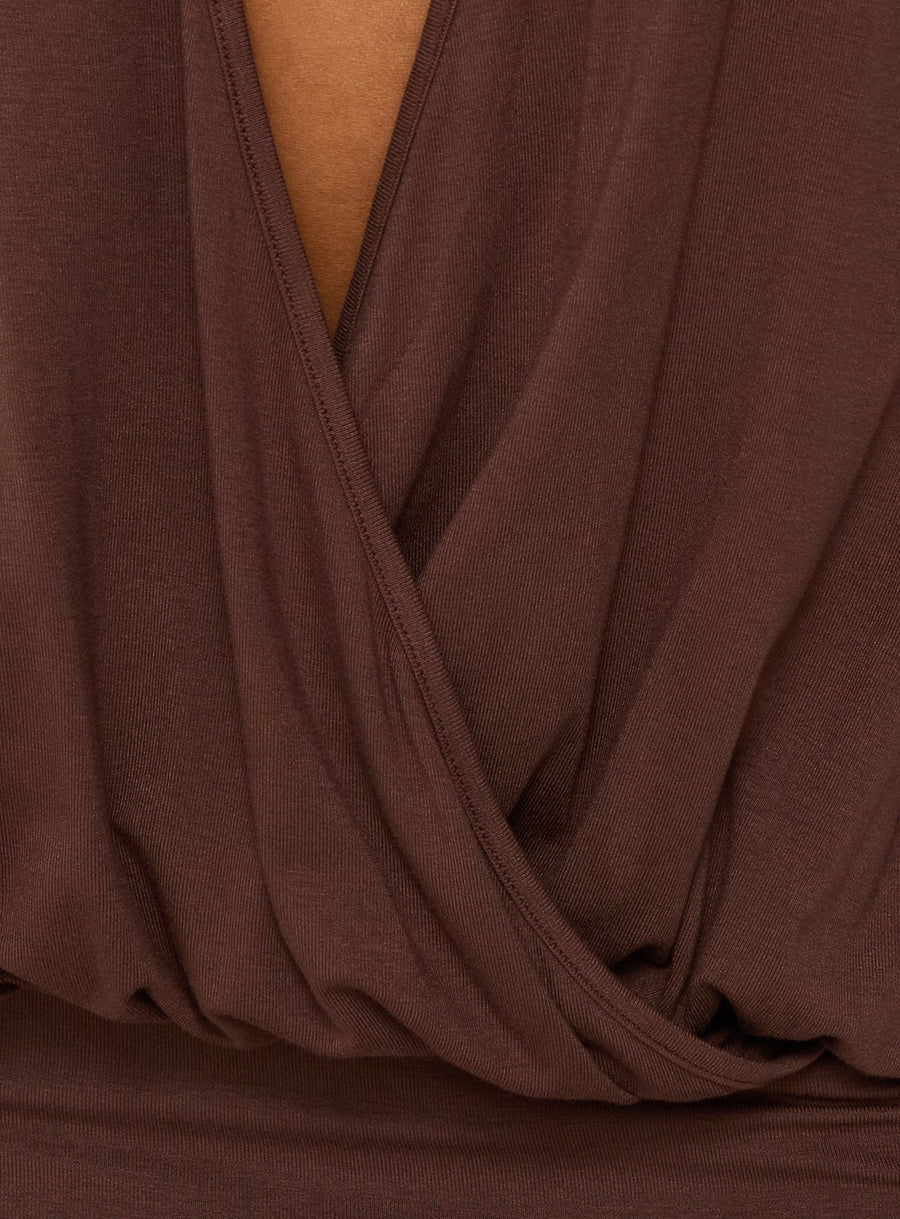 Espiana Plunge Wrap Mini Dress Brown · photo 6