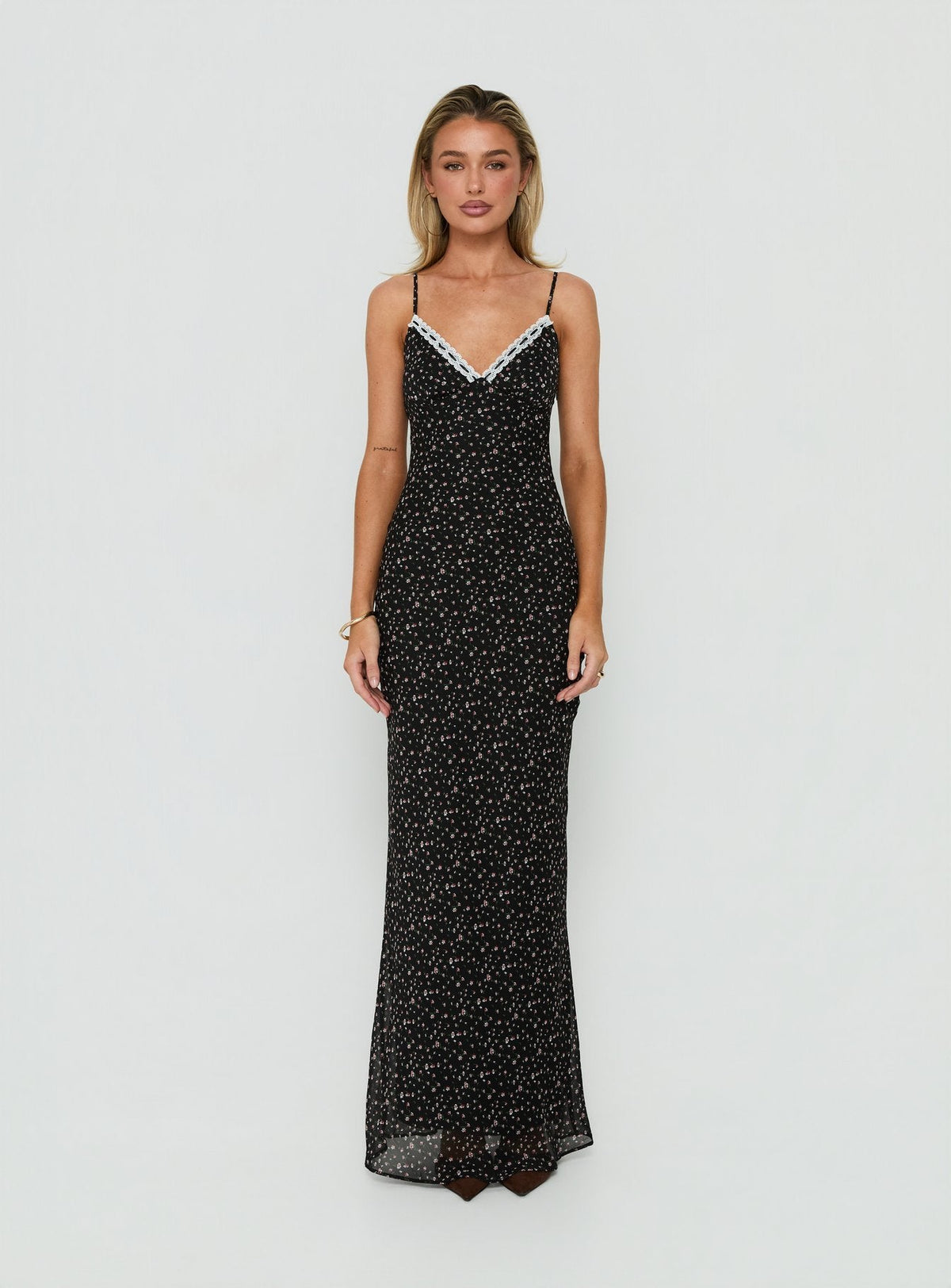 Alasia Lace Trim V Neck Maxi Dress Black Floral