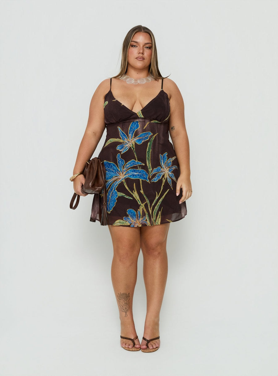 Isakaia Beaded Mini Dress Brown Floral Curve · photo 6