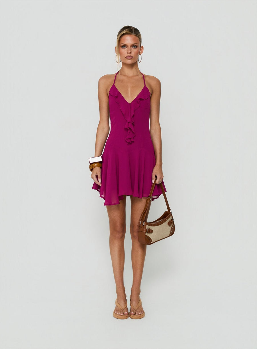Hey Blondie Ruffle Halter Mini Dress Plum · photo 6