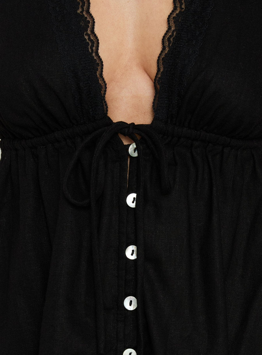 Easy Going Button Detail Halter Linen Mini Dress Black · photo 6