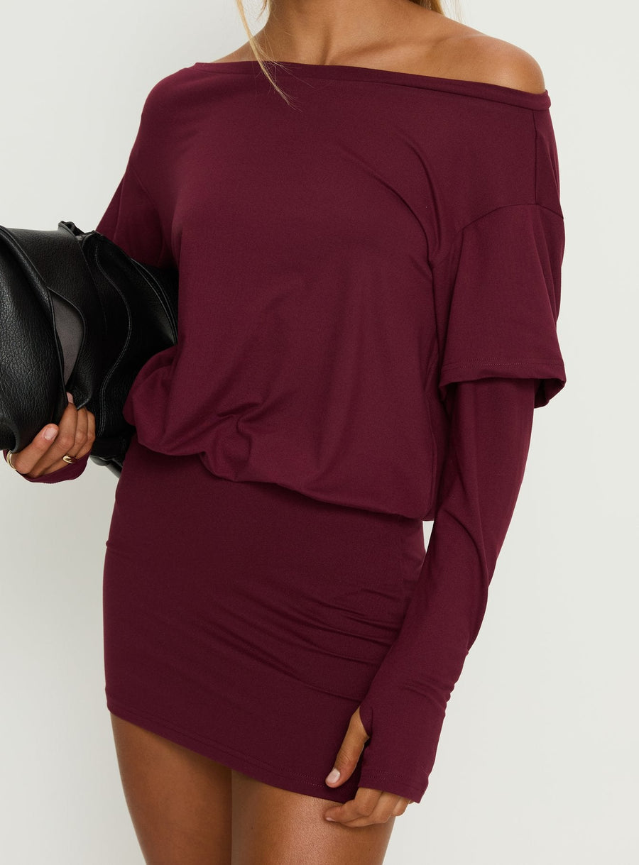 Jesselyn Long Sleeve Off Shoulder Mini Dress Burgundy · photo 6