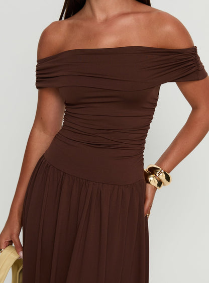 Katalia Off Shoulder Maxi Dress Chocolate Brown