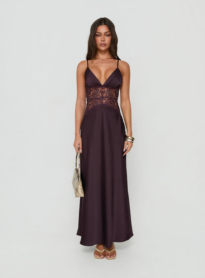 Klairee Halter Lace Maxi Dress Plum