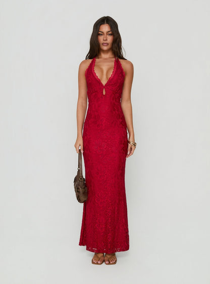 Kalaia Lace Halter Maxi Dress Red