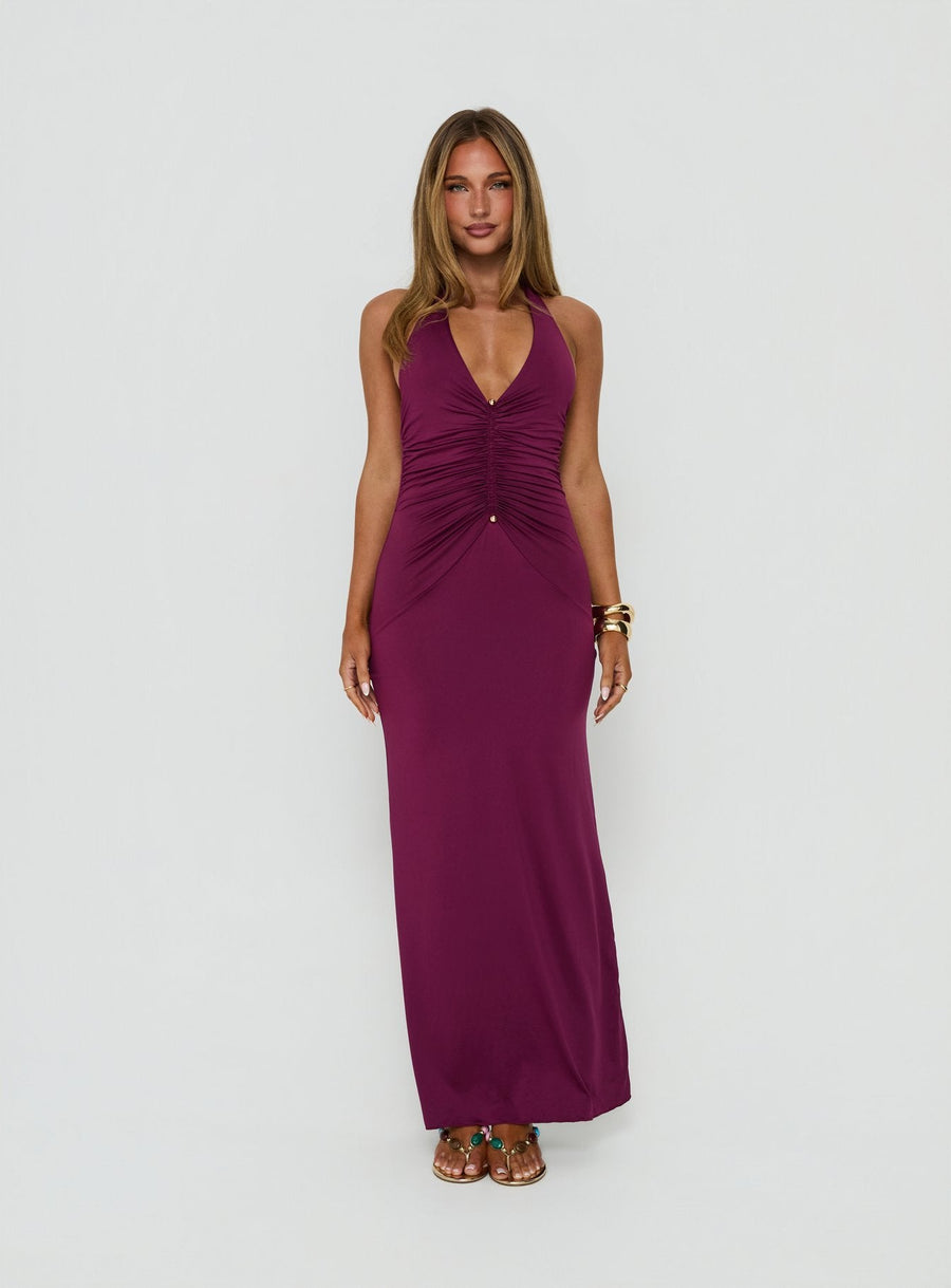 Erene Ruched Halter Maxi Dress Berry · photo 6