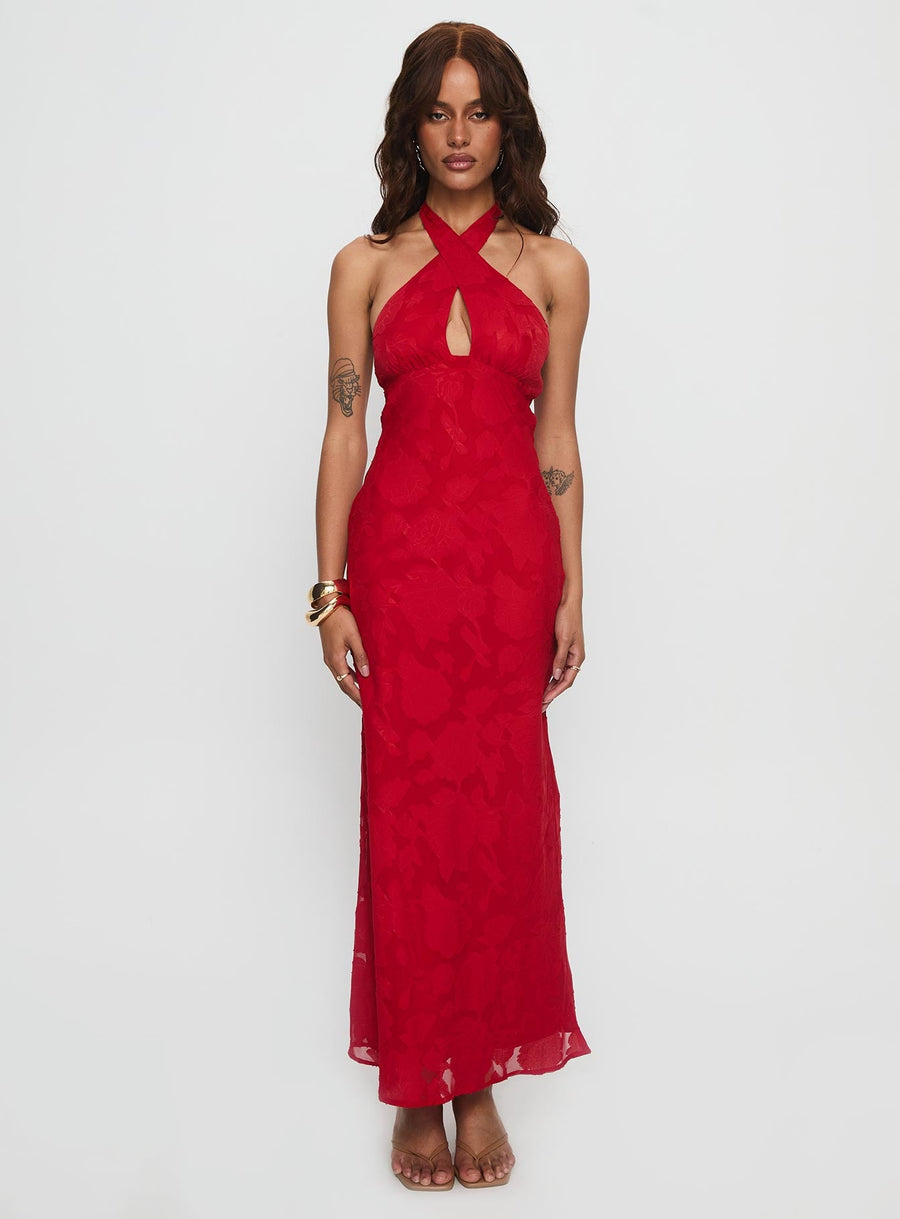 Ending Credits Halter Twist Maxi Dress Red Burnout · photo 6