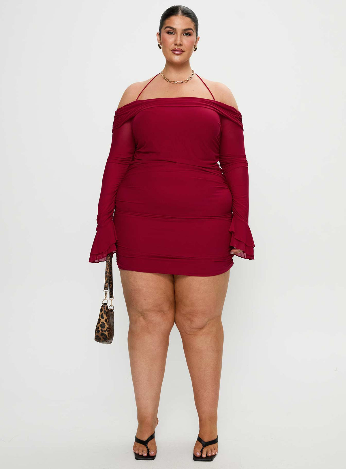 Taylon Off Shoulder Long Sleeve Mini Dress Red Curve
