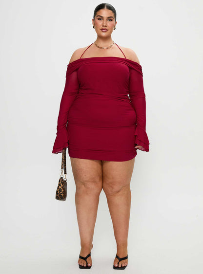 Taylon Off Shoulder Long Sleeve Mini Dress Red Curve