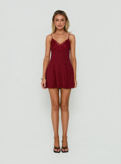 Bloomie Lace Godet Mini Dress Cherry Lacquer