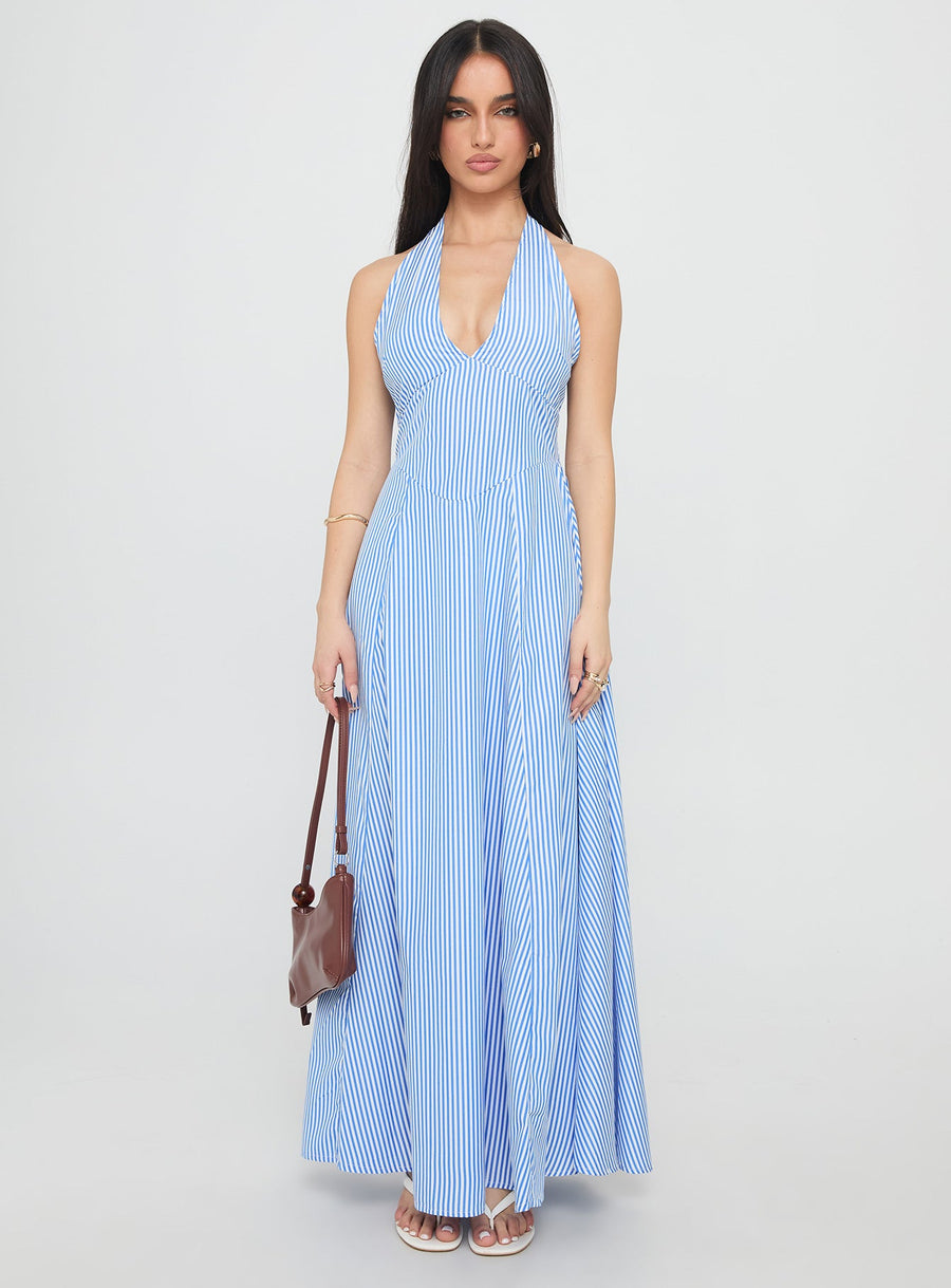 Ivie Halter Plunge Maxi Dress Blue Stripe · photo 6