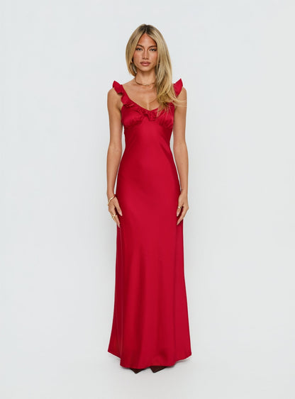 Ondrea Frill V Neck Maxi Dress Red