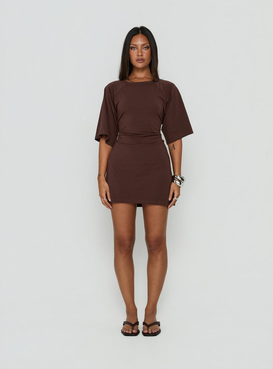 Enzia Raglan Lace Up Mini Dress Brown · photo 7