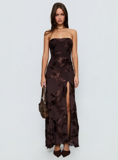 Maribeth Strapless Floral Maxi Dress Chocolate Brown