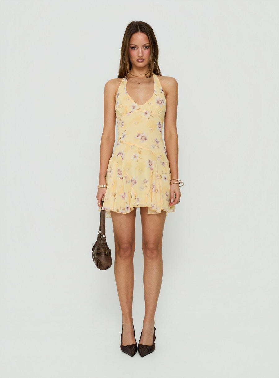 Isidorah Halter Pleat Mini Dress Blurred Yellow Floral · photo 7