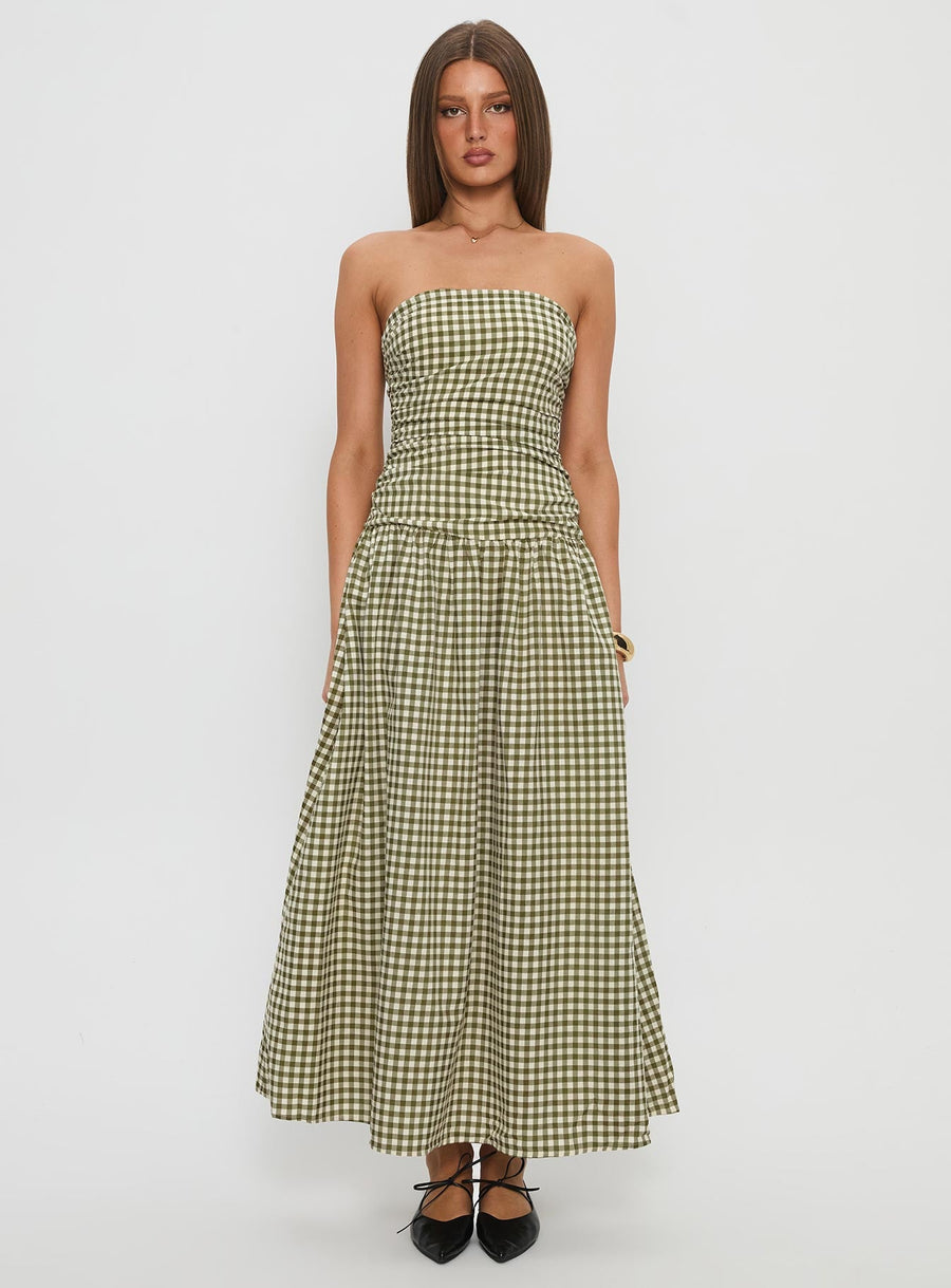 Frankey Strapless Drop Waist Maxi Dress Green Check · photo 7