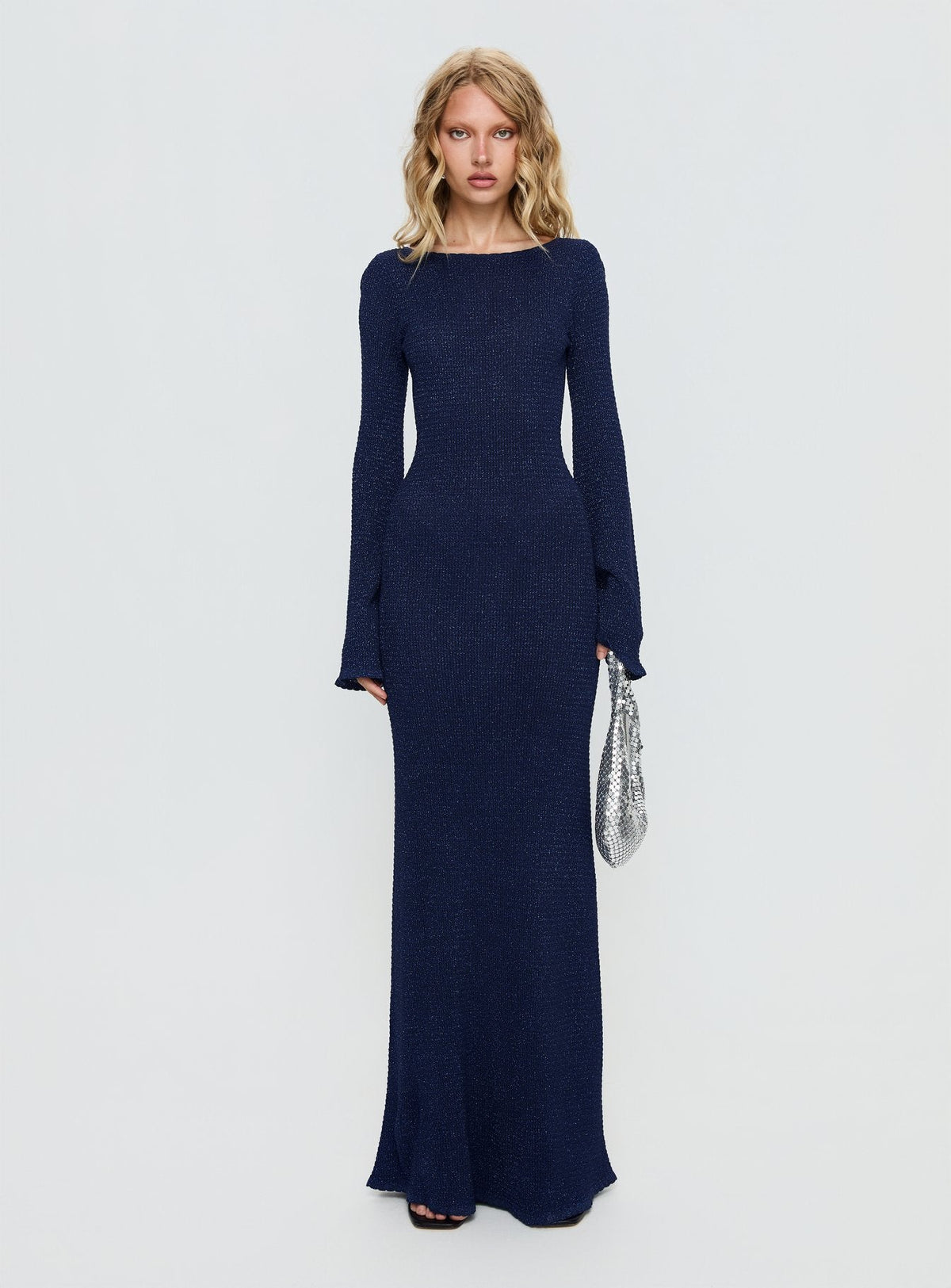 Rhapsody Long Sleeve Knit Maxi Dress Navy