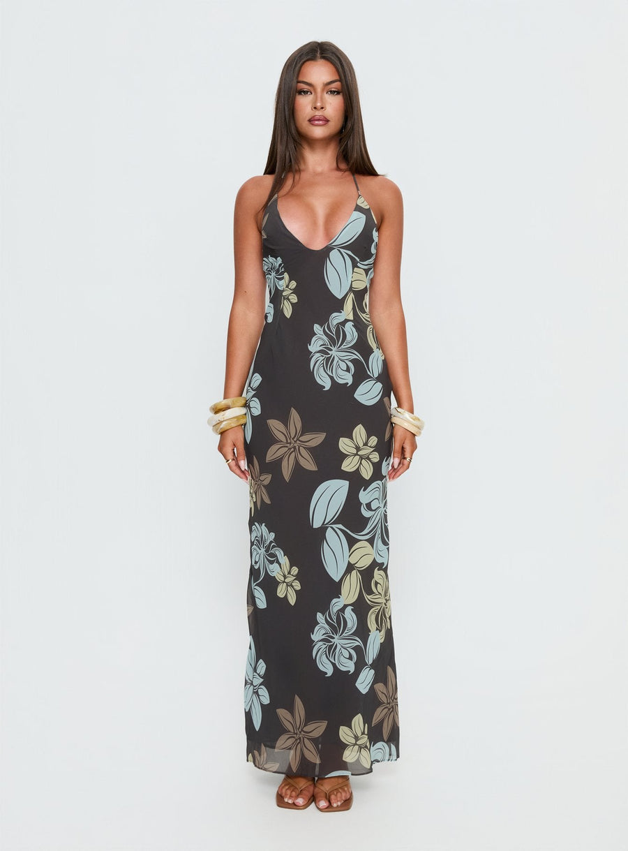 Esmira Halter Maxi Dress Chocolate / Blue Floral · photo 6