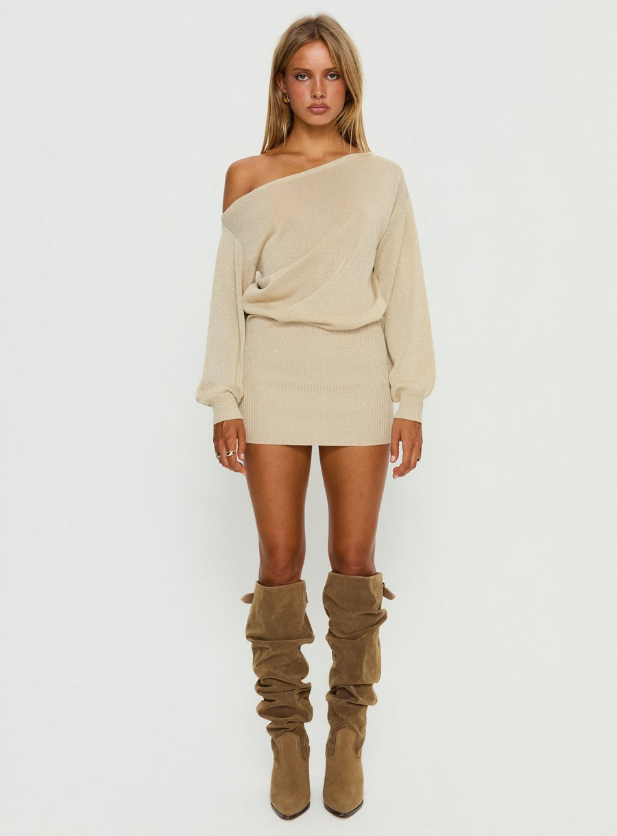 Johannah Off Shoulder Long Sleeve Knit Mini Dress Gold · photo 7
