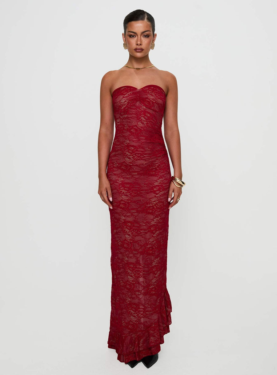 Hailees Lace Strapless Maxi Dress Red · photo 7