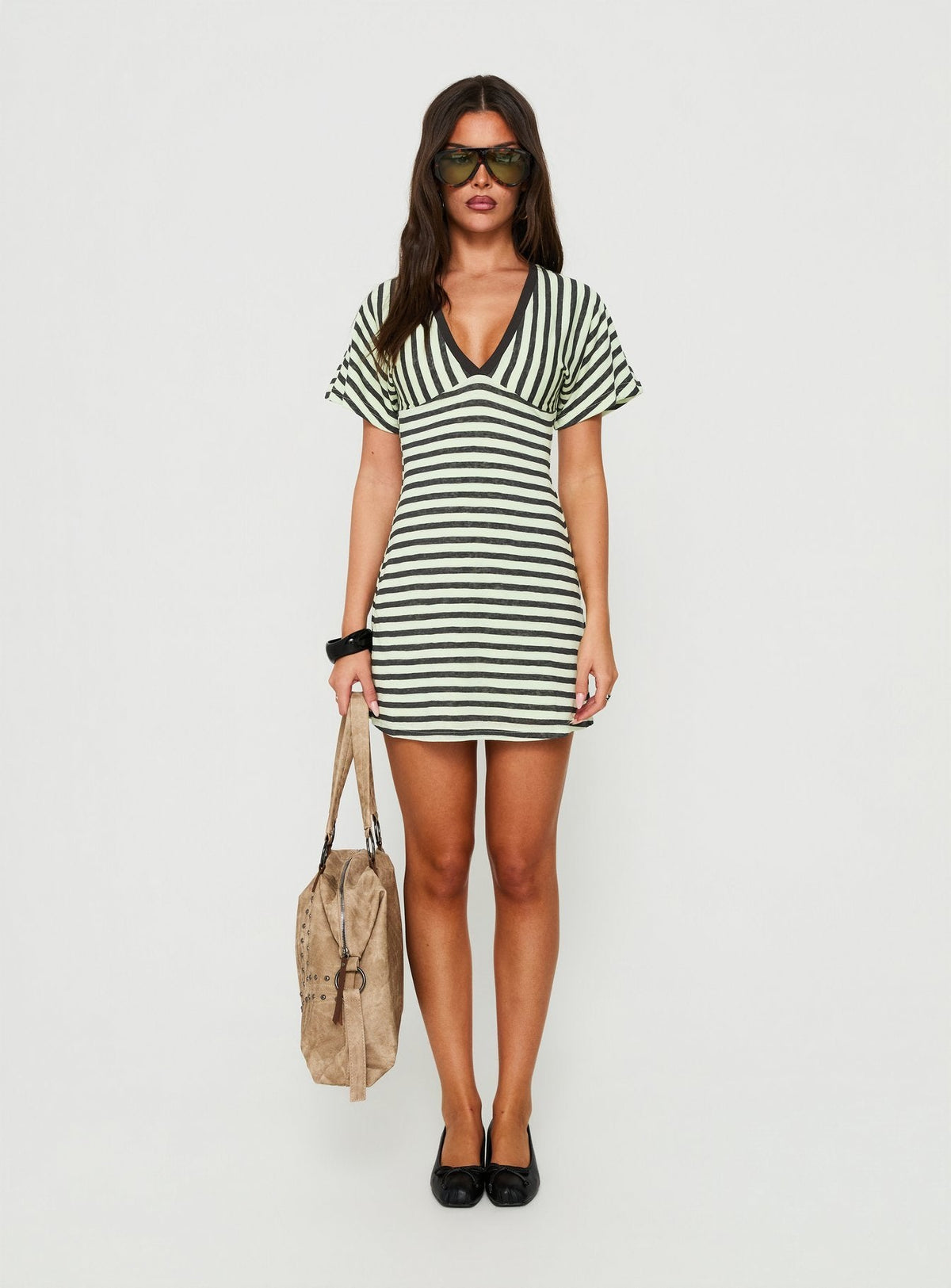 Arialla V Neck Short Sleeve Mini Dress Green / Charcoal Stripe
