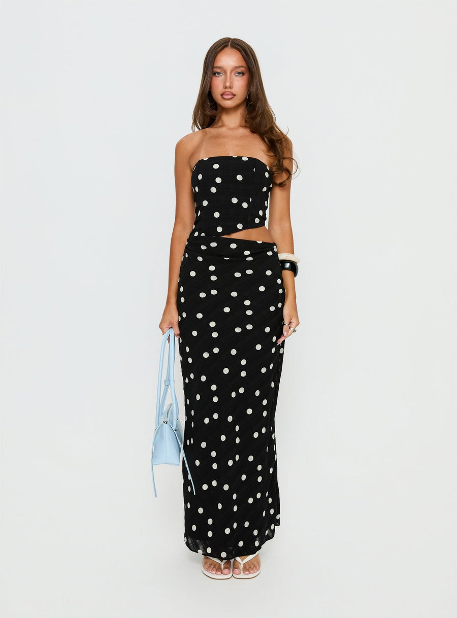 Jasira Strapless Drape Maxi Dress Black Polka Dot · photo 7
