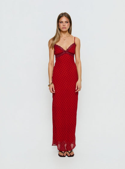 Adasia Lace V Neck Maxi Dress Red Polka Dot