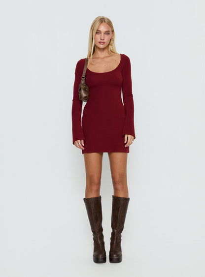 Larelle Reversible Knit Long Sleeve Mini Dress Red