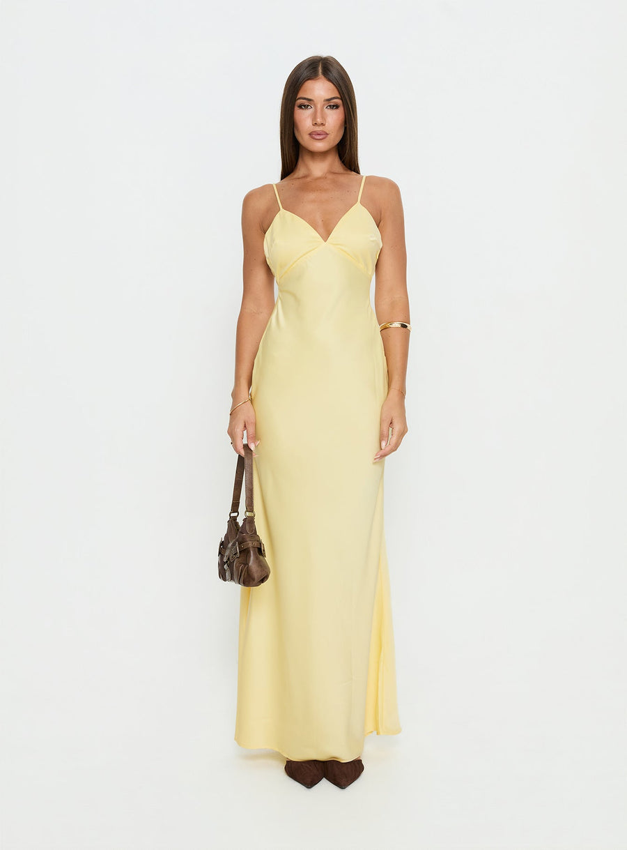 Flip A Switch Satin Lace Slip Maxi Dress Butter · photo 7