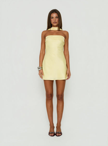 Declynne Strapless Scarf Detail Mini Dress Chartreuse