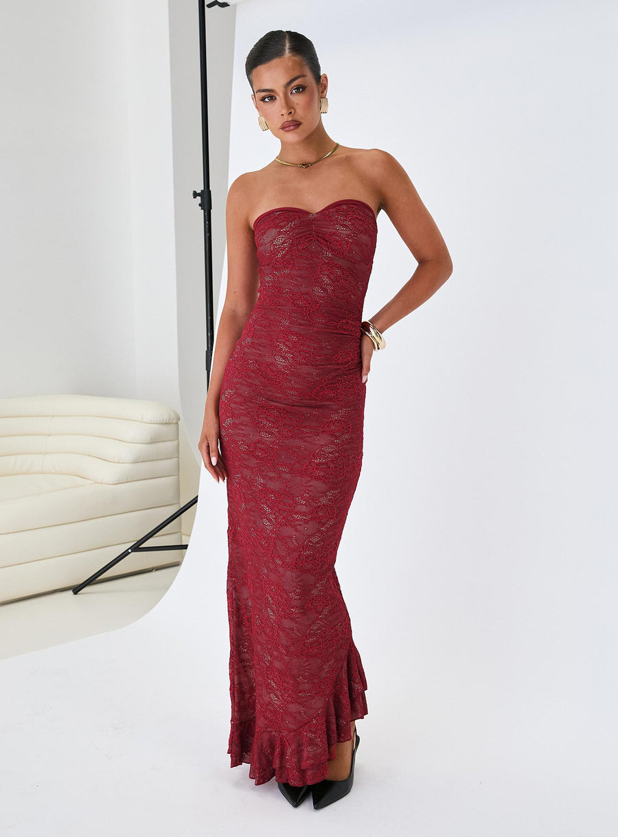 Hailees Lace Strapless Maxi Dress Red · photo 9