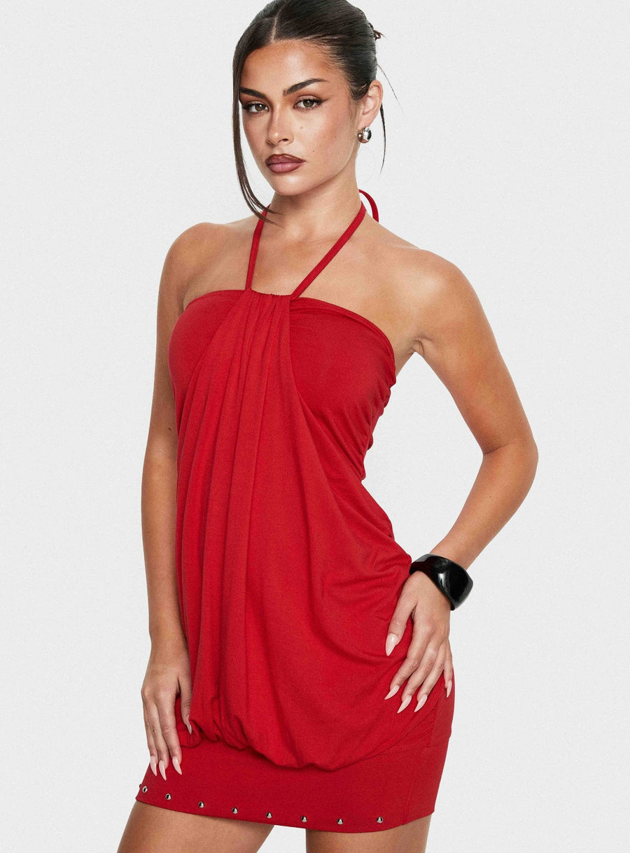 Jordonna Gathered Halter Mini Dress Red · photo 9